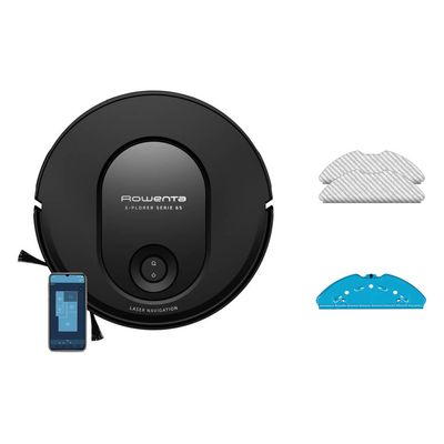 Aspirator robot Rowenta X-Plorer Serie 65 RR8L65WH, autonomie 168 min, recipient pentru praf 0.4L, 3 senzori de cadere, memorare harti, sistem Smart Aqua Power, negru