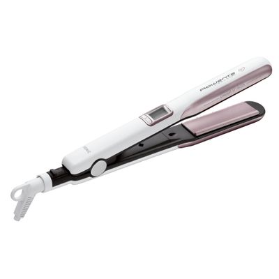 Placa de indreptat parul Rowenta Premium Care Liss & Curl SF7660F0, reglare temperatura 130 - 200°C, LCD, invelis keratina, incalzire in 30s, alb & roz