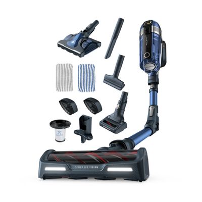 Aspirator vertical fara fir Rowenta X-Force Flex 11.60 RH9890WO cu mop, 300W, 25.2V, autonomie 45 min, filtrare 99.9%, recipient praf 0.9 L, tub flexibil, perie cu LED, panou digital SmartControl, suport de perete cu incarcare, gri & albastru