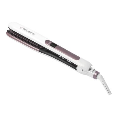 Placă de îndreptat părul Rowenta Brush&Straight Premium Care SF7510F0, LCD, 130 - 200 °C, perie integrată cu peri turali, plăci mobile, ionizare, Cashmere Keratin, alb&mov