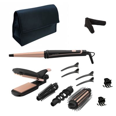 Aparat de coafat Rowenta Infinite Looks 14 în 1 CF4231F0, înveliș Ceramic, accesoriu conic pentru bucle, perie rotunda, negru&portocaliu