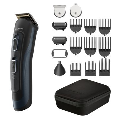Aparat de tuns multifunctional Rowenta Selectium 17 in 1 TN9464E0, 2 trepte de viteza, tehnologie Wet & Dry, lame din inox, sistem de monitorizare a nivelului bateriei, negru & albastru