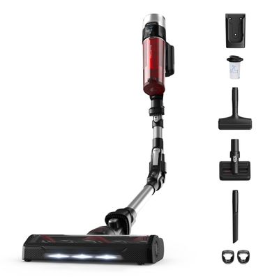 Aspirator vertical fara fir Rowenta X-Force Flex 9.60 Animal Care RH2077WO, 250W, 18.5V, autonomie 45 min, filtrare 99.9%, recipient praf 0.44 L, tub flexibil, perie cu iluminare LED, panou SmartControl, suport de perete cu incarcare, rosu & negru