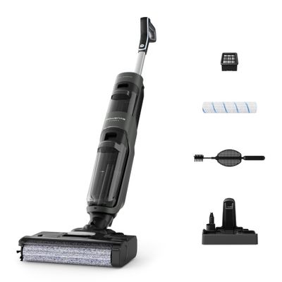 Aspirator cu spalare Rowenta X-Clean 4 GZ5037WO, 200W, 425 RPM, pana la 50 min autonomie, ecran LED, functie autocuratare, baza de incarcare, nivel scazut de zgomot, gri & negru