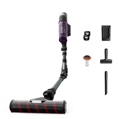 Aspirator vertical Rowenta X-Force Flex 9.60 Allergy RH2048WO, 250W, 45 minute autonomie, 3 trepte de putere, iluminare LED, functie Boost, statie de incarcare, negru & violet