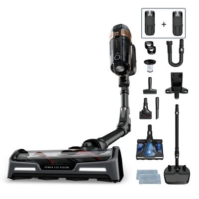 Aspirator vertical Rowenta X-Force Flex 15.60 Aqua RH99G3WO, 520W, 2 baterii cu autonomie de cate 80 min, tehnologie flex, display control, accesorii animal care, stație încărcare, recipient praf 0.9L, perie cu LED, negru&maro