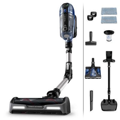 Aspirator vertical Rowenta X-Force Flex 14.6 Aqua RH99C3WO, 200 Air Watts, Functie Boost, autonomie 1.10h, putere 480 W, tub flexibil, iluminare LED, ajustare automata a puterii, sistem Aqua, gri & albastru
