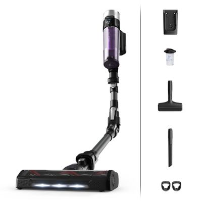 Aspirator vertical Rowenta X-FORCE FLEX 9.60 Allergy, RH2038WO, 100 air watts,  autonomie pana la 45 minute, Negru/Violet