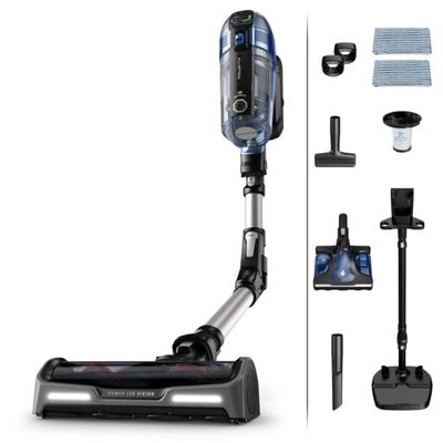 Aspirator vertical Rowenta X-Force Flex 14.6 Aqua RH99C3WO, 200 Air Watts, Functie Boost, autonomie 1.10h, putere 480 W, tub flexibil, iluminare LED, ajustare automata a puterii, sistem Aqua, gri & albastru