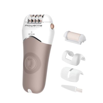 Epilator Rowenta AquaSoft Wet & Dry EP4924F0, 2 trepte de viteza, 24 de pensete, autonomie 40 minute, tehnologie Skin Respect, alb & bej