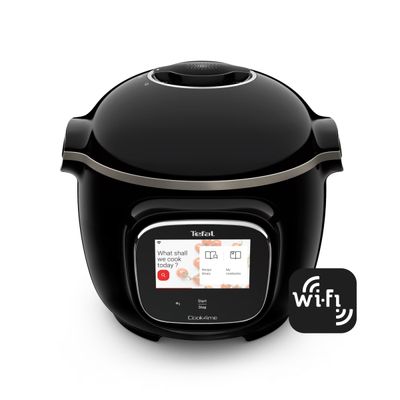 Multicooker inteligent Tefal Cook4me Touch CY912831, 1600W, 6L, 13 programe de gătire, 100 rețete preinstalate, ecran tactil, bol cu 2 mânere și coș pentru gătire la abur, negru