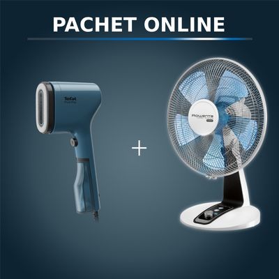 Pachet PROMO Aparat de călcat vertical PURE POP Tefal DT2020E1 & Ventilator de birou Rowenta Turbo Silence Extreme VU2630F0