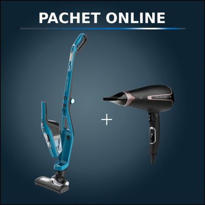 Pachet PROMO Aspirator vertical 2 în 1 Rowenta Dual Force Cyclonic RH6751WO & Uscător de păr Rowenta Silence Premium Care CV7920F0