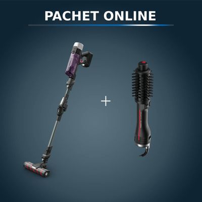 Pachet PROMO Aspirator vertical Rowenta X-Force Flex 9.60 Allergy RH2048WO & Peria rotativă cu aer cald Rowenta Karl Lagerfeld Pro Stylist CF961LF0