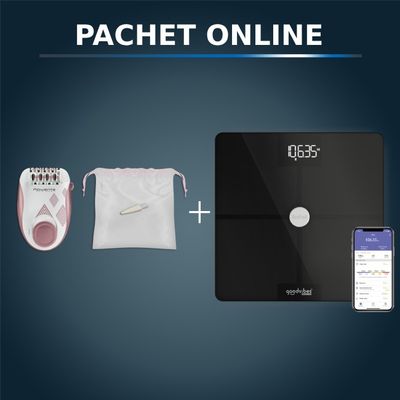 Pachet PROMO Cântar de baie inteligent Tefal Goodvibes Health BM9660S1 & Epilator Rowenta Skin Spirit EP2900F1, 2 trepte de viteză