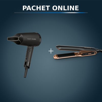 Pachet PROMO Uscator de par ROWENTA x Karl Lagerfeld Express Style CV184LF0 si Placa de indreptat parul Rowenta Ultimate Experience SF8120F0
