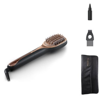 Perie reparatoare cu abur Rowenta Hair Therapist™ CF9940F0, 165 W, tehnologie Thermal Care, invelis Keratin, oprire automata, afisaj LED, geanta pentru transport, negru/maro