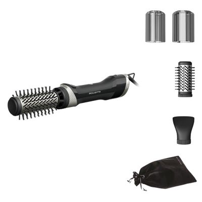 Perie rotativa cu aer cald Rowenta Brush Activ UB9530F0, 1000W, 2 trepte de viteza/temperatura, 2 perii rotative 40/50mm, concentrator aer, husa inclusa, functie jet de aer rece, generator de ioni, invelis ceramic, negru & argintiu