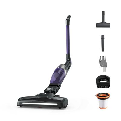 Aspirator vertical Rowenta X-TREM Compact 2 in 1 RH1238WO, 145W, Tehnologie Flex in doua pozitii, autonomie 40 minute, timp incarcare 4h, cap de aspirare iluminare LED, recipient praf 0.4L, Violet/ negru