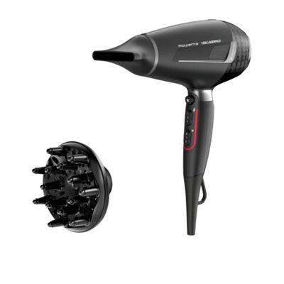 Uscător de păr Rowenta x Karl Lagerfeld Pro Stylist CV888LF0, 2200W, Tehnologia Rowenta Air-to-Care, invelis Keratin&Glow, 3 accesorii, jet de aer rece, cablu 1.8m, negru&gri