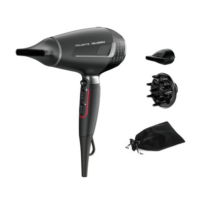 Uscător de păr Rowenta x Karl Lagerfeld Pro Stylist CV888LF0, 2200W, Tehnologia Rowenta Air-to-Care, invelis Keratin&Glow, 3 accesorii, jet de aer rece, cablu 1.8m, negru&gri