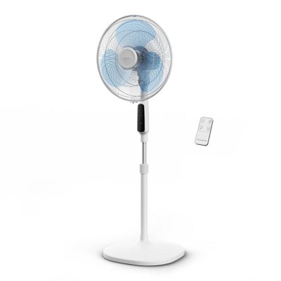Ventilator cu picior Rowenta Essential+ VU4440F2, 45W, 3 trepte de putere, rotatie automata, telecomanda inclusa, ecran LED, alb