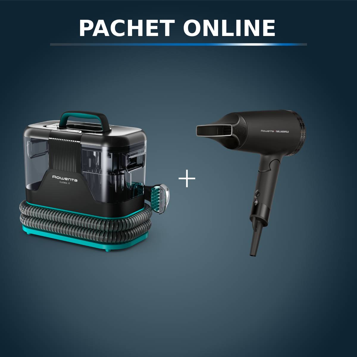 Pachet PROMO Aspirator tapiterie Rowenta Clean IT IN5020F0 & Uscator de par ROWENTA x Karl Lagerfeld Express Style CV184LF0