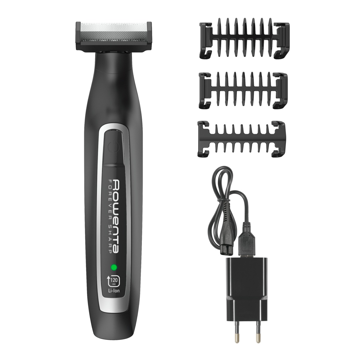 Aparat hibrid de tuns  conturat și bărbierit Rowenta Forever Sharp TN6000F5  wet&dry  lame inox cu tehnologie de autoascutire  3 piepteni  negru
