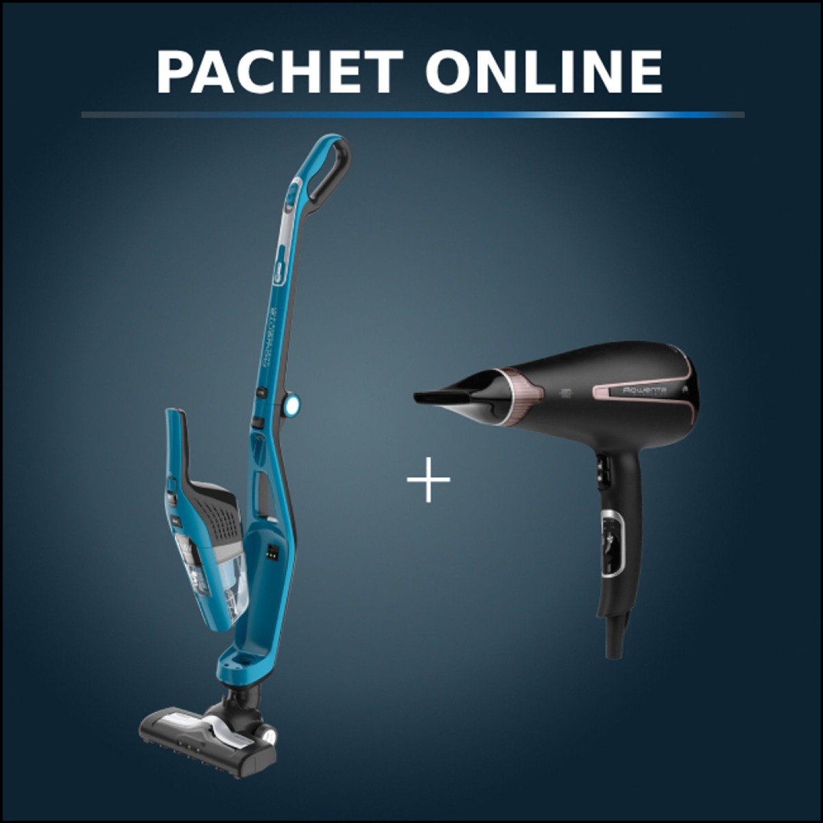 Pachet PROMO Aspirator vertical 2 în 1 Rowenta Dual Force Cyclonic RH6751WO & Uscător de păr Rowenta Silence Premium Care CV7920F0