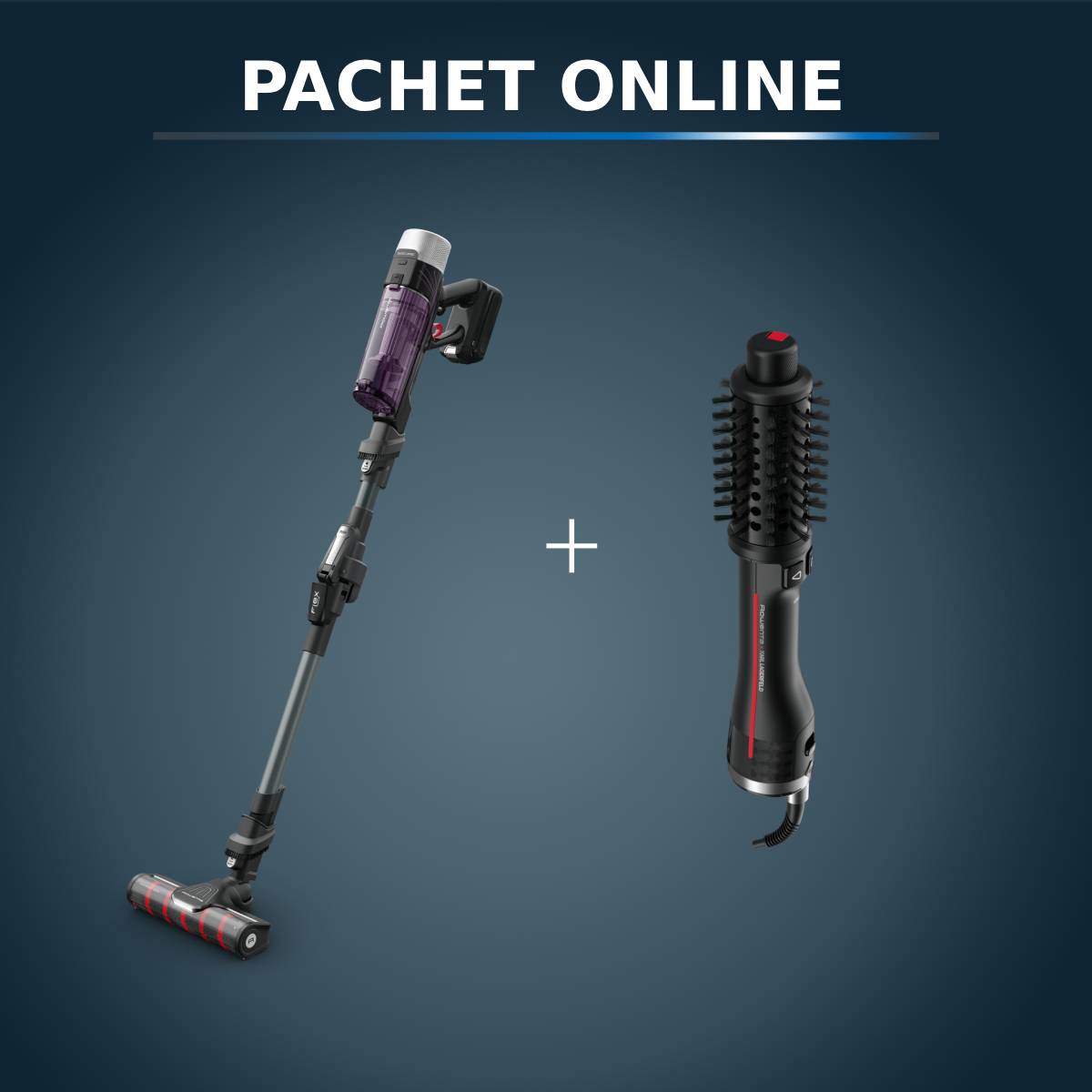 Pachet PROMO Aspirator vertical Rowenta X-Force Flex 9.60 Allergy RH2048WO & Peria rotativă cu aer cald Rowenta Karl Lagerfeld Pro Stylist CF961LF0
