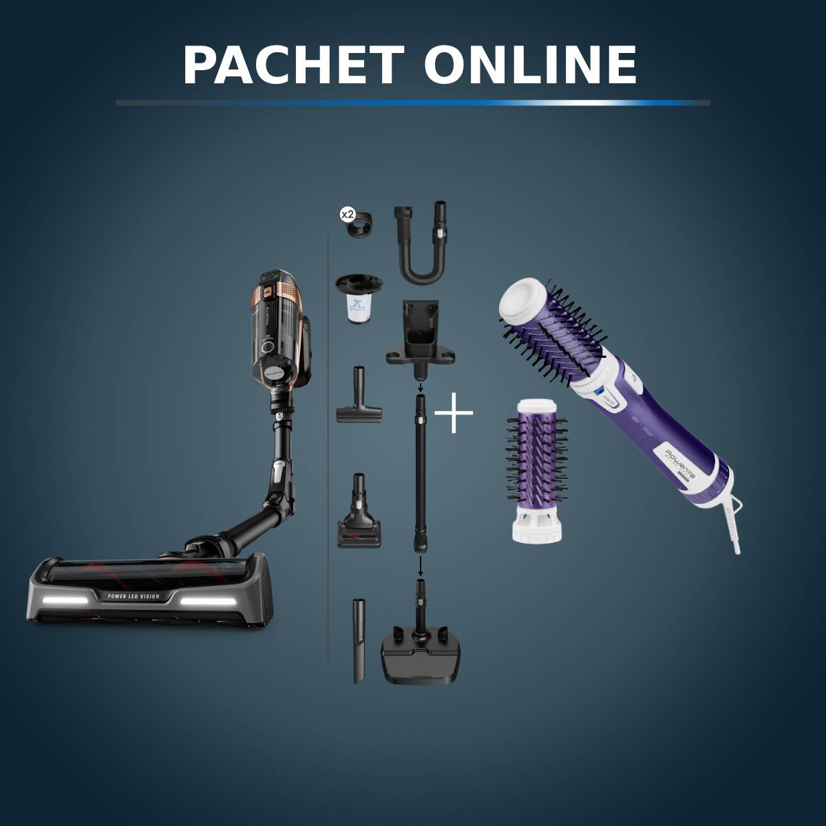 Pachet PROMO Aspirator vertical Rowenta X-Force Flex15.60 RH99F1WO & Perie rotativă Rowenta Brush Activ' Volume&Shine 2 CF9530
