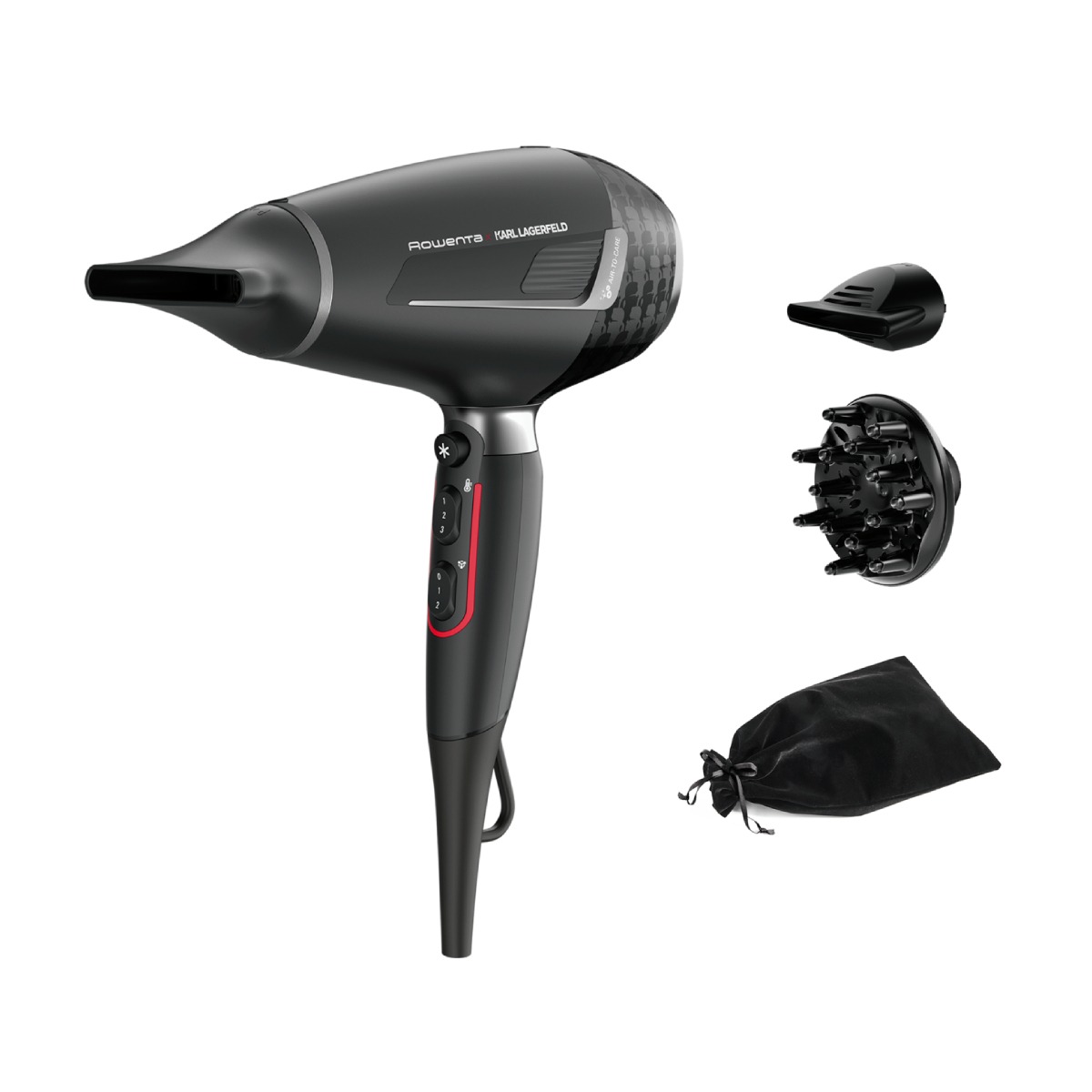 Uscător de păr Rowenta x Karl Lagerfeld Pro Stylist CV888LF0  2200W  Tehnologia Rowenta Air-to-Care  invelis Keratin&Glow  3 accesorii  jet de aer r